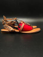 ALDO BROWN LEATHER STUDDED T-STRAP FLAT GLADIATOR SANDALS