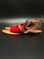 ALDO BROWN LEATHER STUDDED T-STRAP FLAT GLADIATOR SANDALS