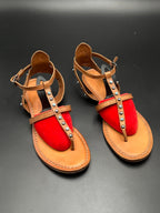 ALDO BROWN LEATHER STUDDED T-STRAP FLAT GLADIATOR SANDALS