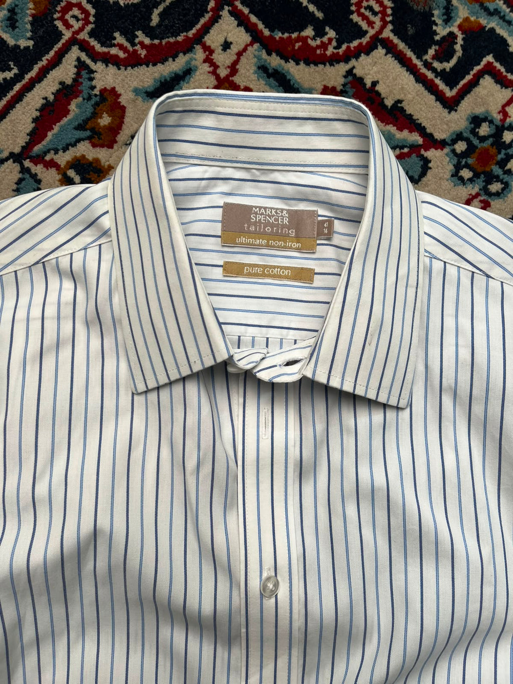 MARKS & SPENCER Tailoring Blue Striped Non-Iron BUTTON DOWN SHIRT - XL
