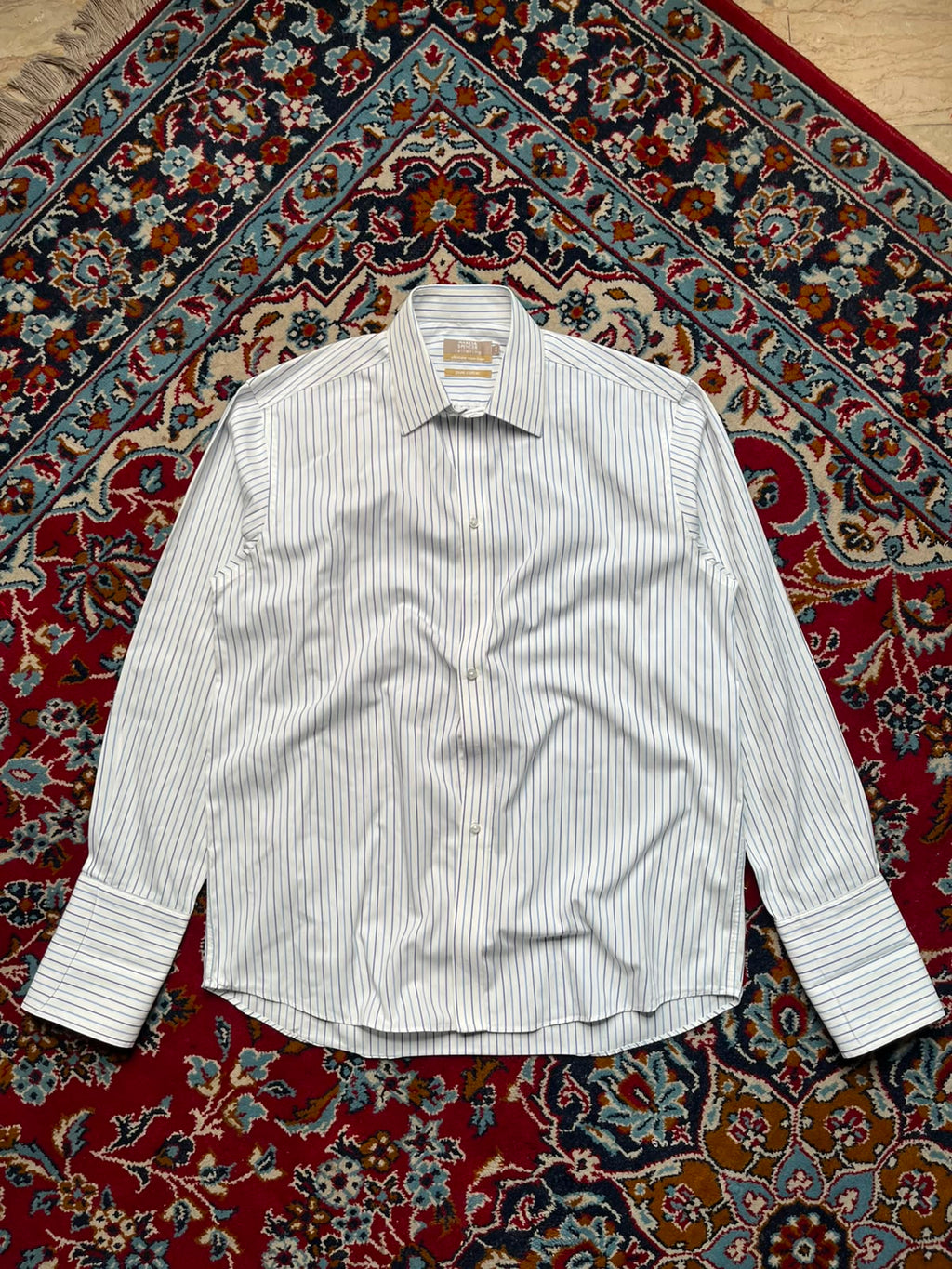 MARKS & SPENCER Tailoring Blue Striped Non-Iron BUTTON DOWN SHIRT - XL