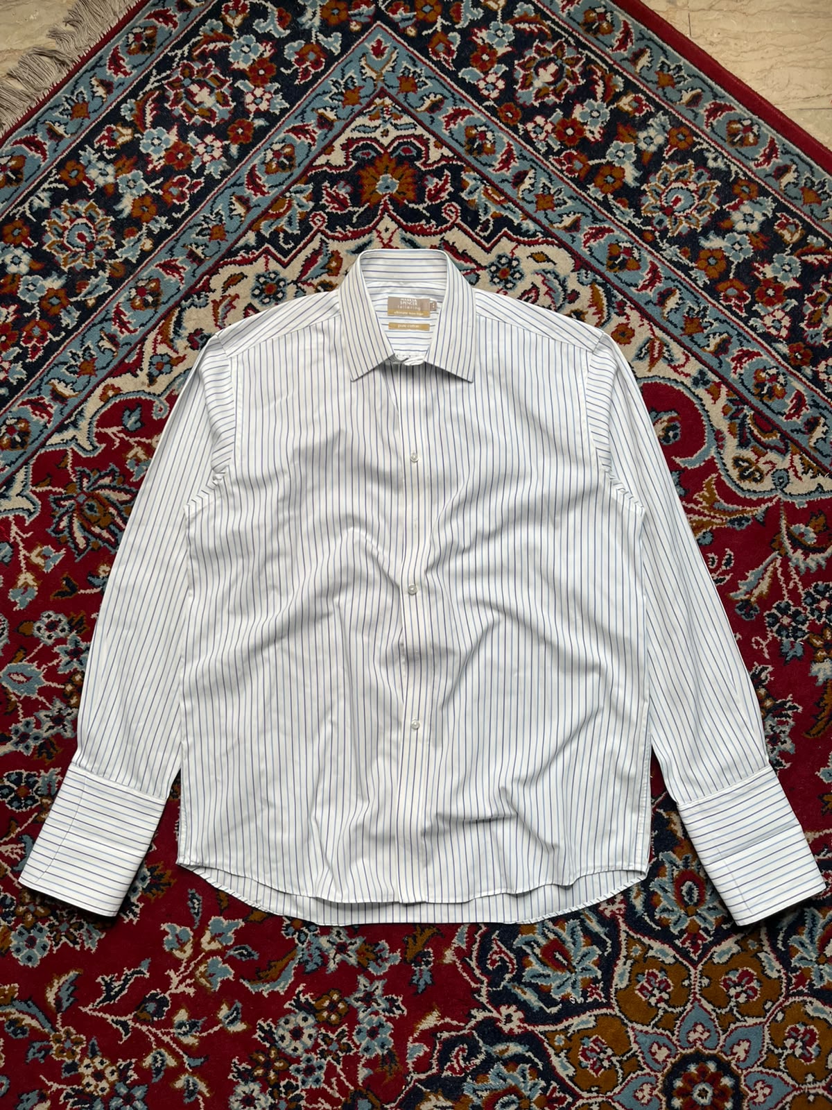 MARKS & SPENCER Tailoring Blue Striped Non-Iron BUTTON DOWN SHIRT - XL