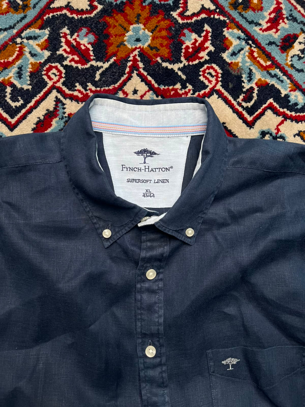 FYNCH HATTON SUPERSOFT LINEN NAVY BLUE BUTTON DOWN SHIRT - XL