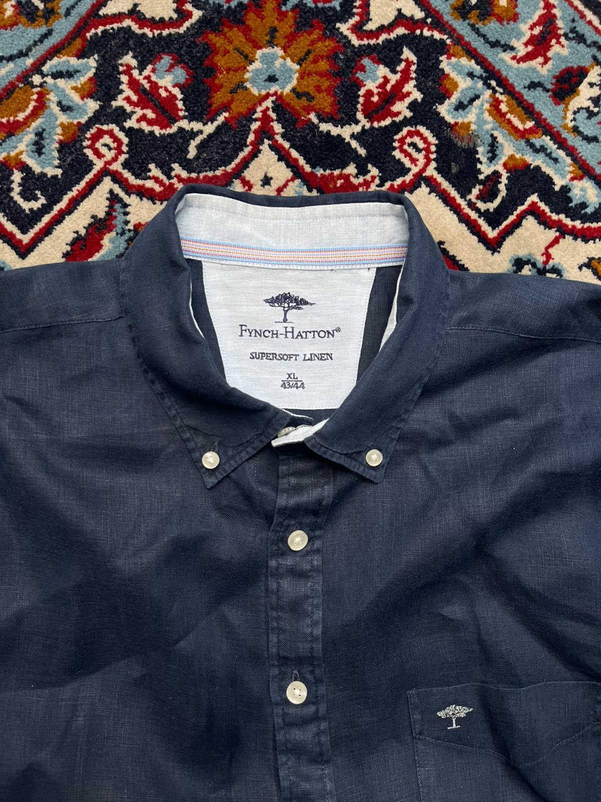 FYNCH HATTON SUPERSOFT LINEN NAVY BLUE BUTTON DOWN SHIRT - XL