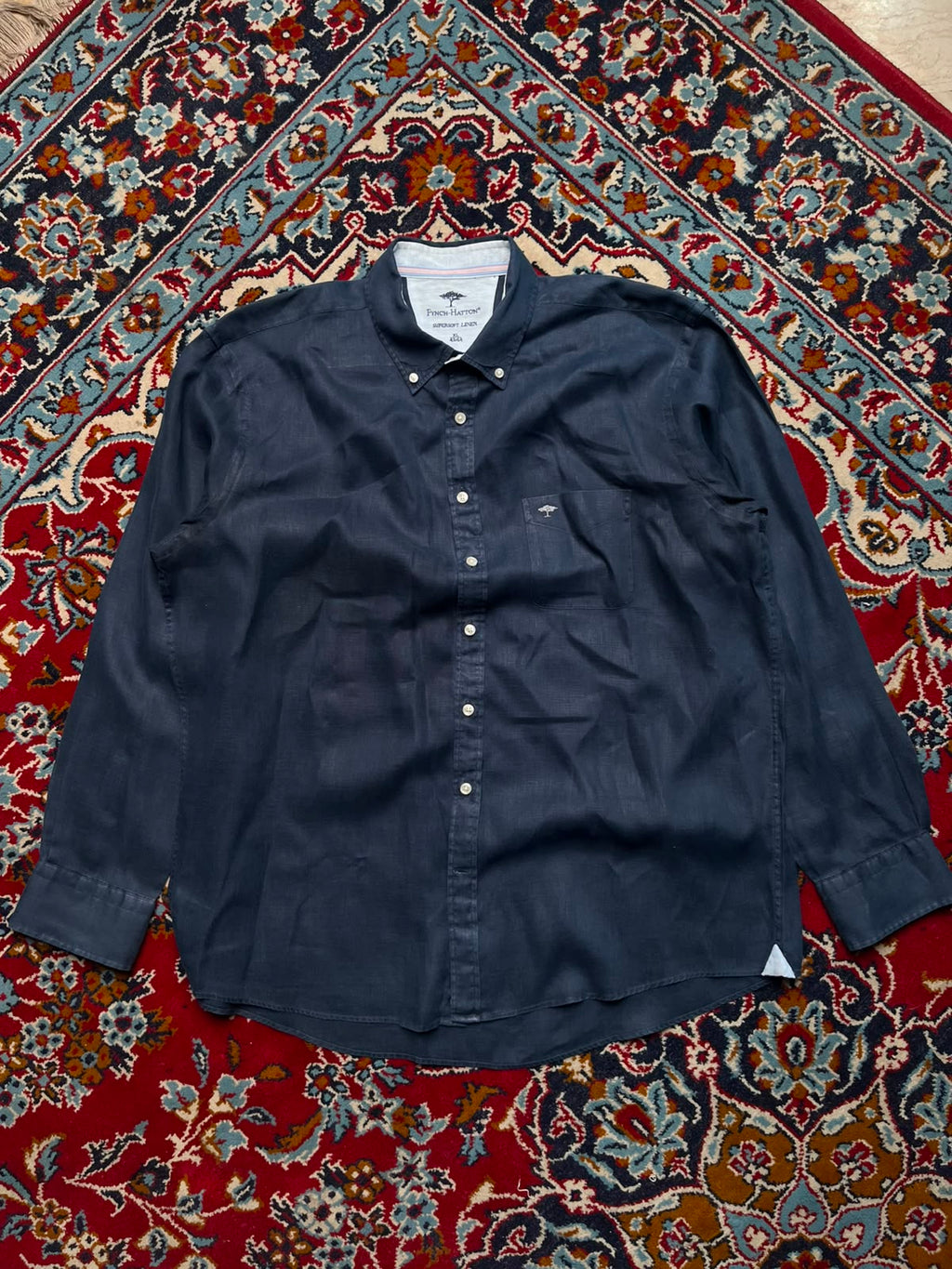 FYNCH HATTON SUPERSOFT LINEN NAVY BLUE BUTTON DOWN SHIRT - XL