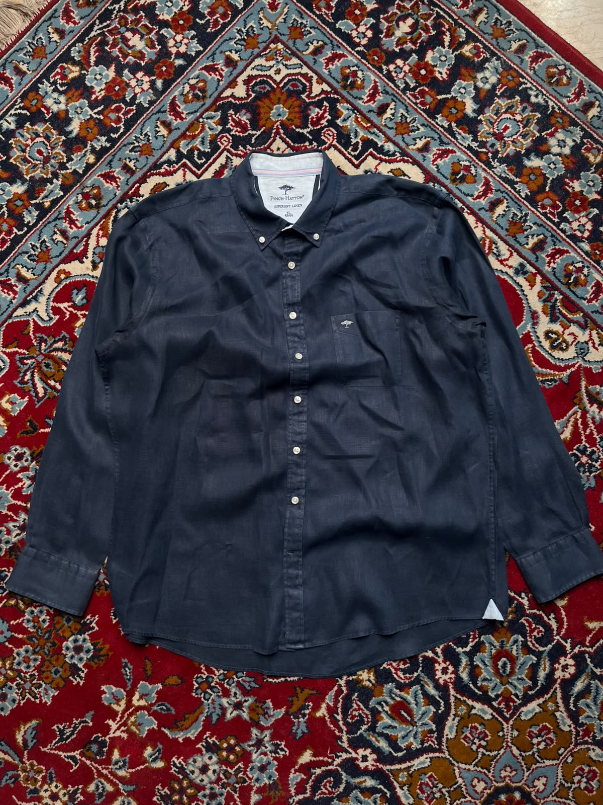 FYNCH HATTON SUPERSOFT LINEN NAVY BLUE BUTTON DOWN SHIRT - XL