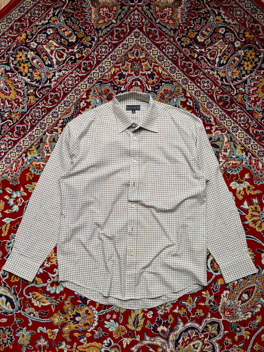 Burcardi Plaid Checkered Cotton Neutral Pattern Button Down Shirt - L