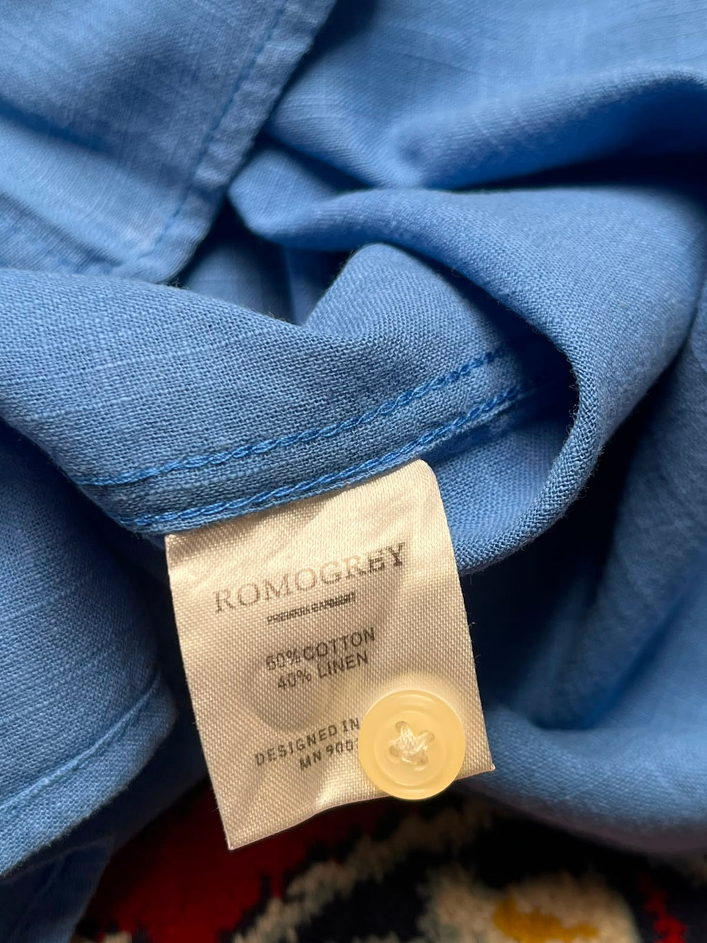 ROMOGREY Blue Cotton Linen Blend BUTTON DOWN SHIRT - L