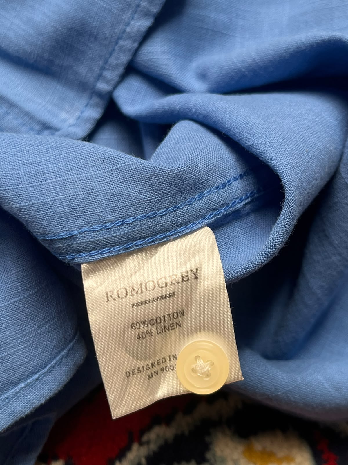 ROMOGREY Blue Cotton Linen Blend BUTTON DOWN SHIRT - L