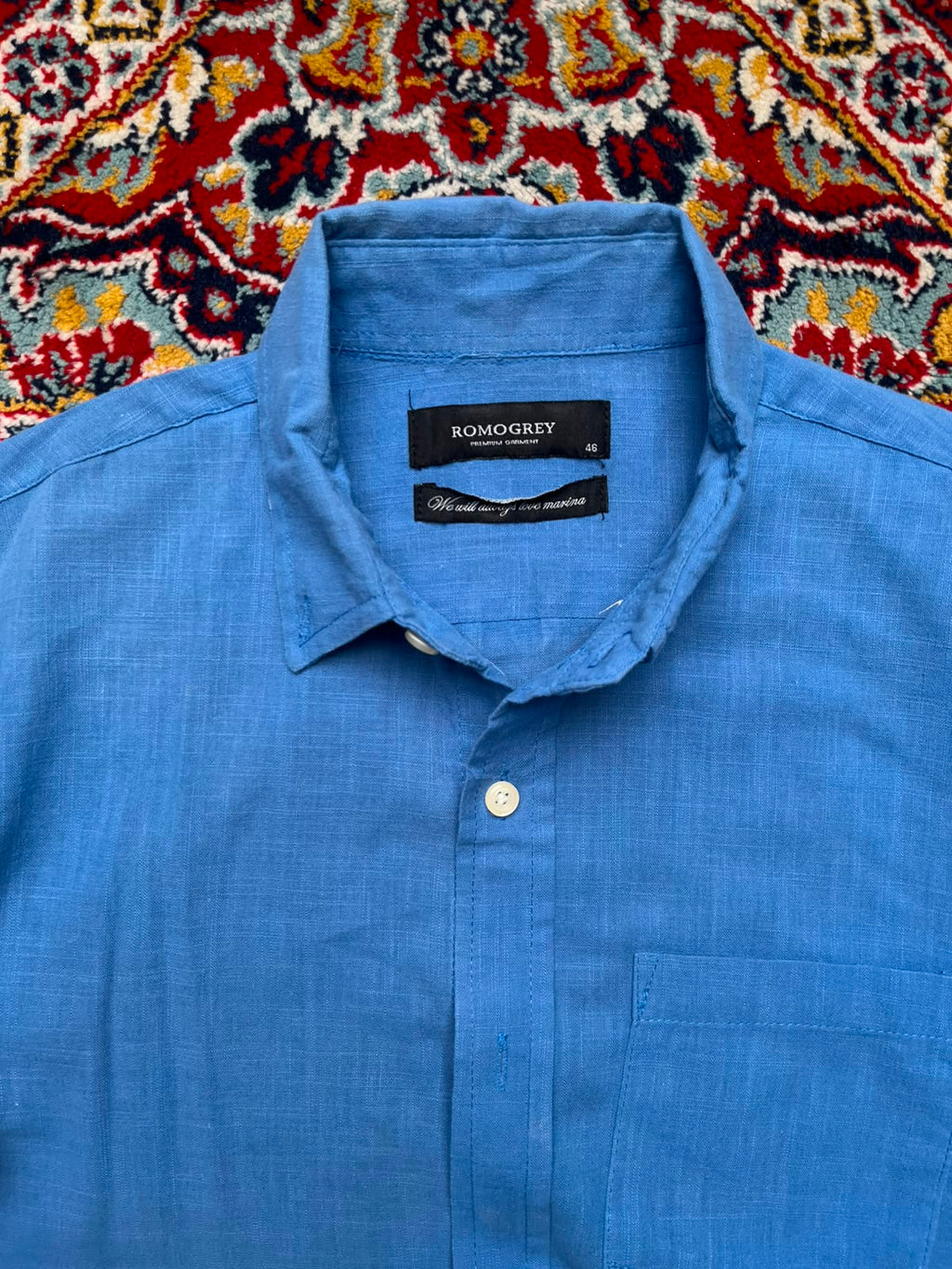 ROMOGREY Blue Cotton Linen Blend BUTTON DOWN SHIRT - L