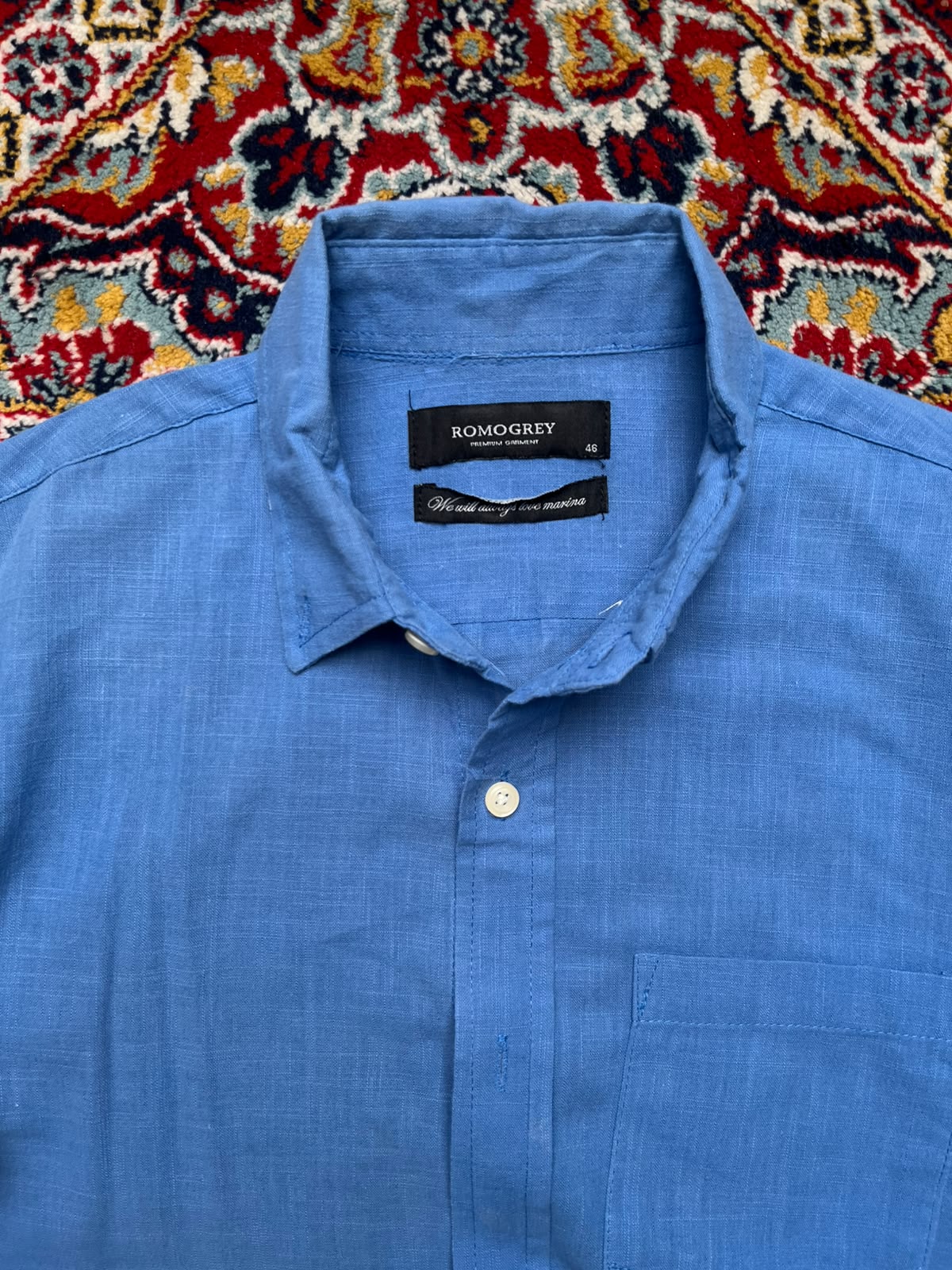 ROMOGREY Blue Cotton Linen Blend BUTTON DOWN SHIRT - L
