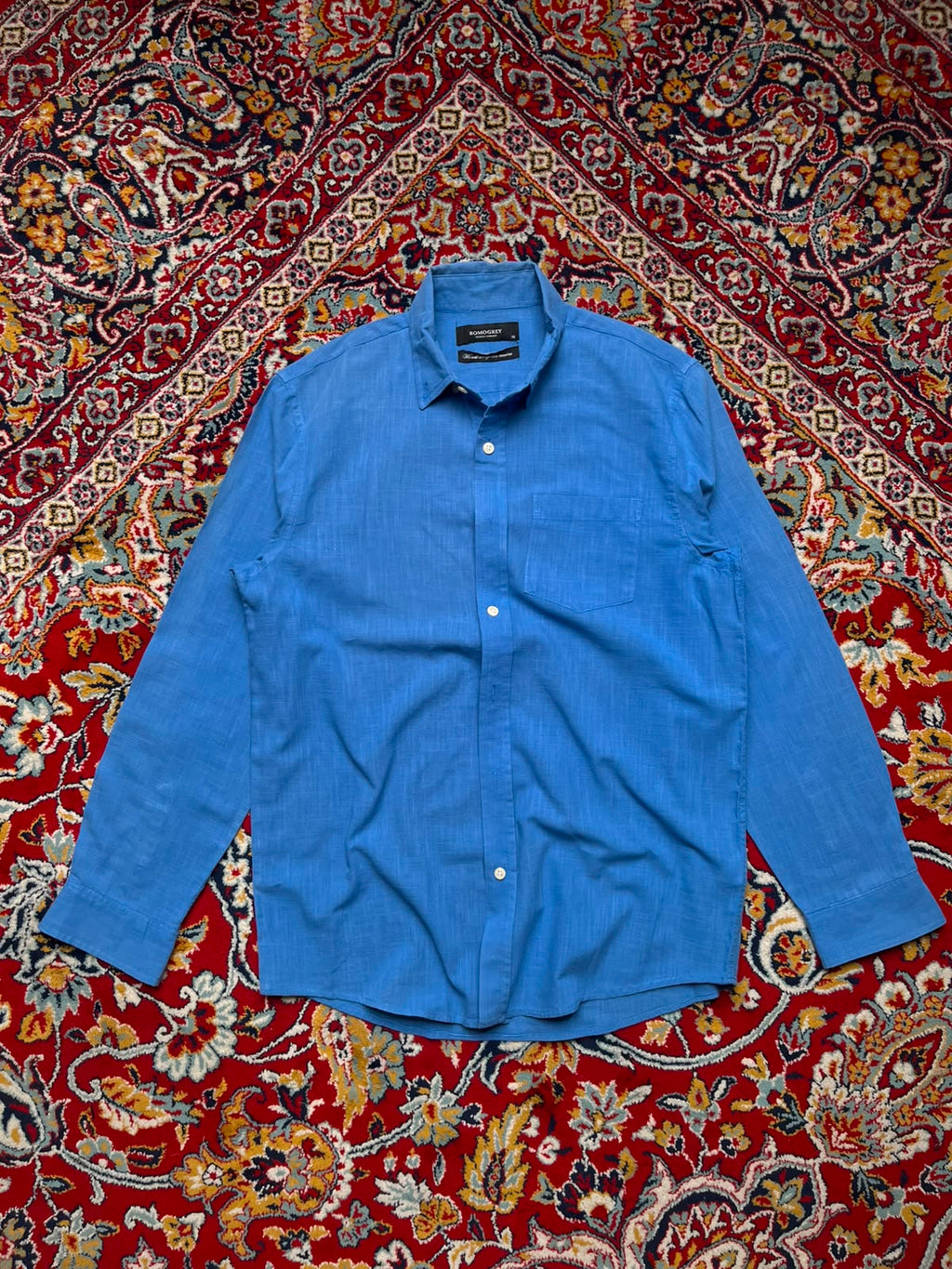 ROMOGREY Blue Cotton Linen Blend BUTTON DOWN SHIRT - L