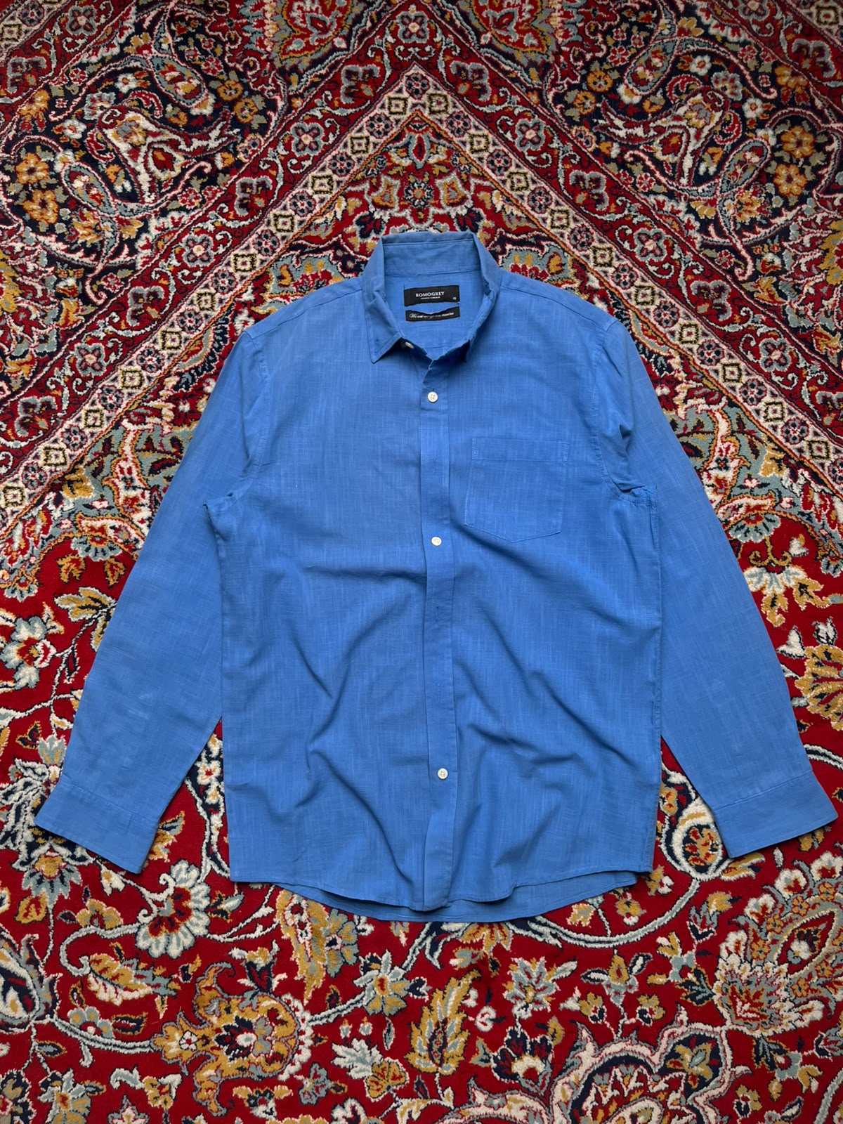 ROMOGREY Blue Cotton Linen Blend BUTTON DOWN SHIRT - L