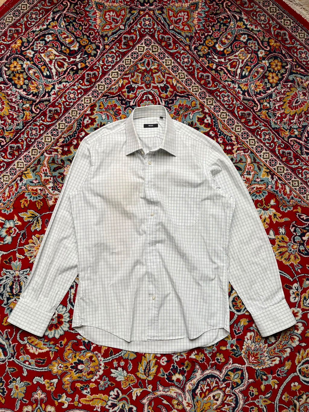 HUGO BOSS WHITE CHECK PLAID BUTTON DOWN SHIRT - L