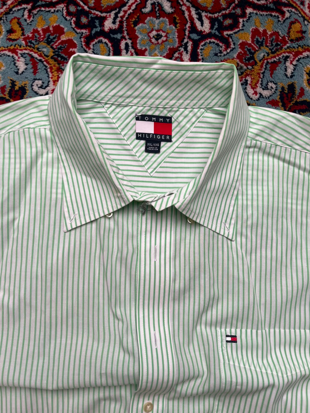 Tommy Hilfiger Green White Striped Button Down Shirt - XL