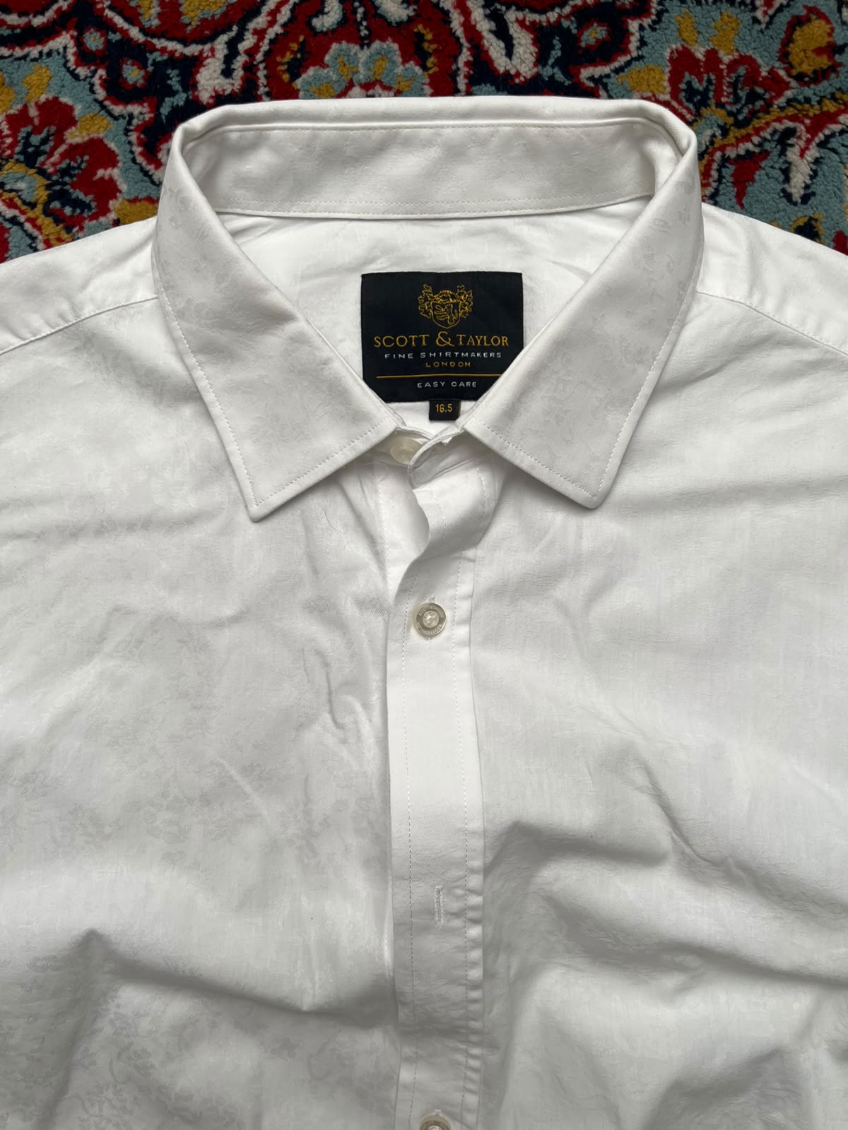 SCOTT & TAYLOR Easy Care White Floral Jacquard  BUTTON DOWN SHIRT - XL
