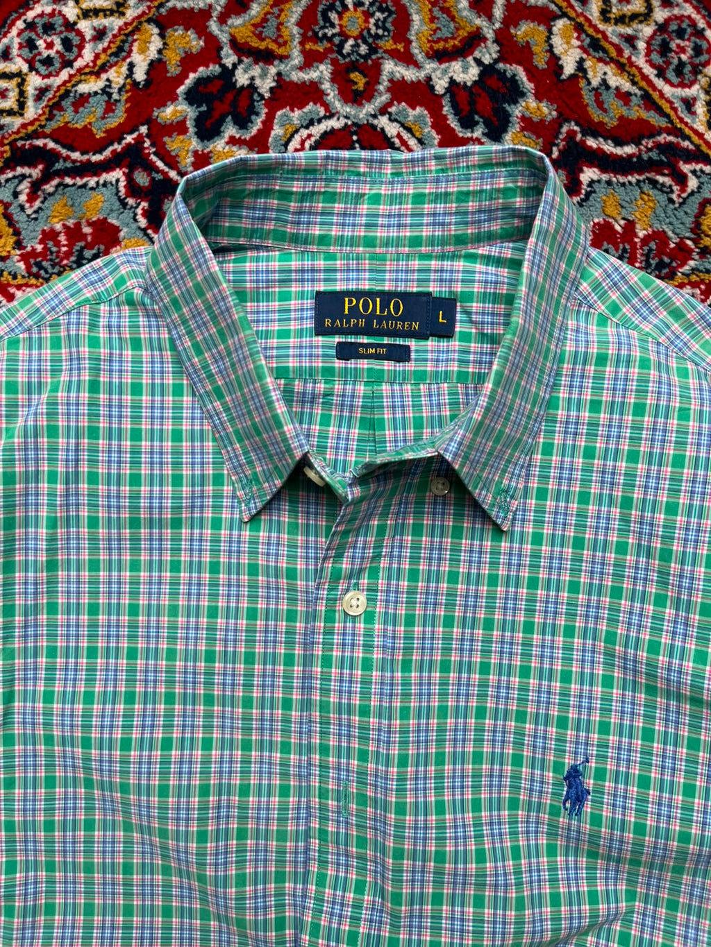 POLO RALPH LAUREN SLIM FIT GREEN PLAID CHECK BUTTON DOWN SHIRT - L
