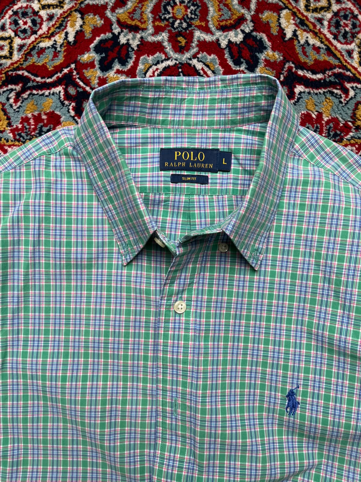 POLO RALPH LAUREN SLIM FIT GREEN PLAID CHECK BUTTON DOWN SHIRT - L