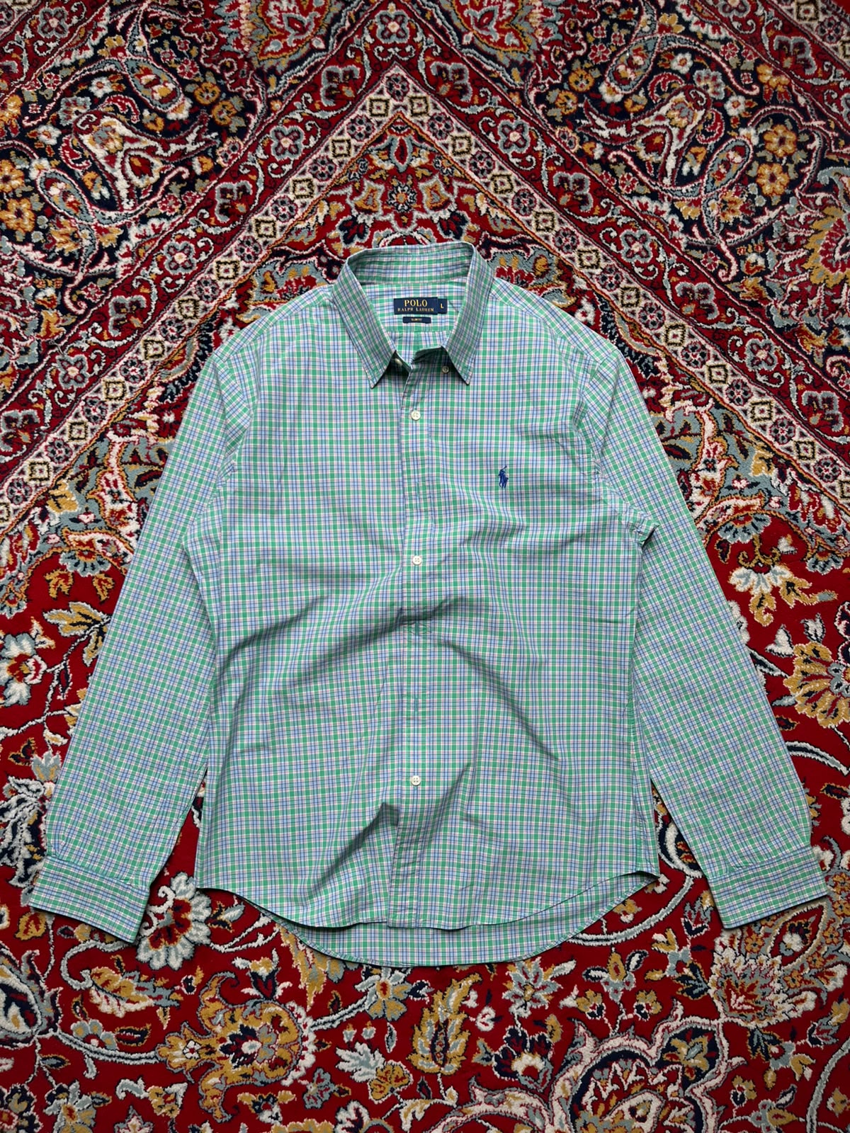 POLO RALPH LAUREN SLIM FIT GREEN PLAID CHECK BUTTON DOWN SHIRT - L