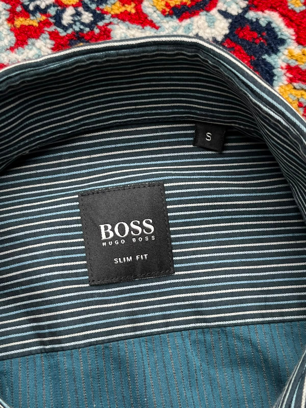 HUGO BOSS Slim Fit Teal Blue Striped BUTTON DOWN SHIRT - L