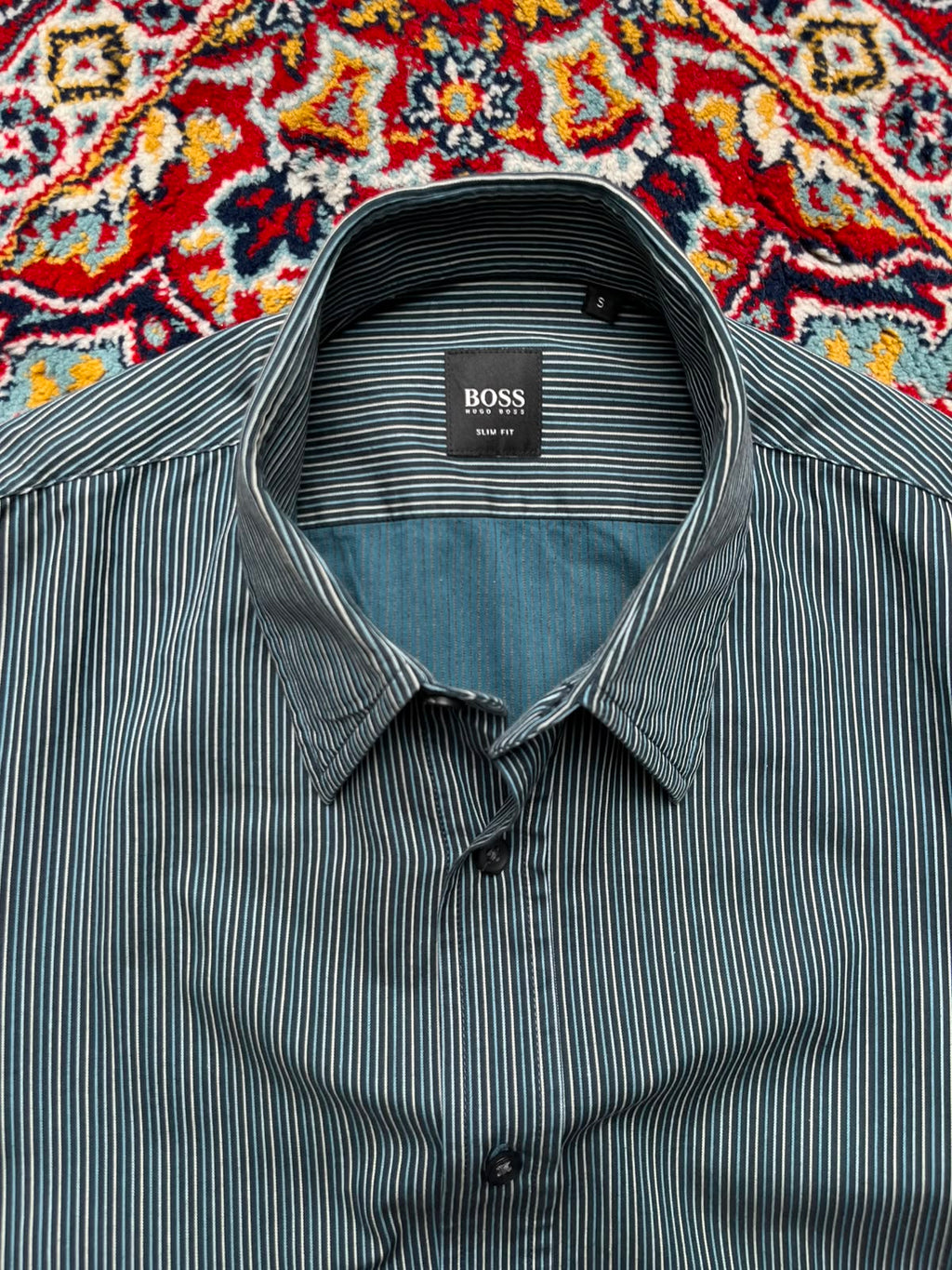 HUGO BOSS Slim Fit Teal Blue Striped BUTTON DOWN SHIRT - L