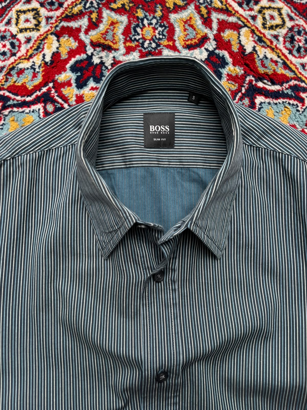 HUGO BOSS Slim Fit Teal Blue Striped BUTTON DOWN SHIRT - L