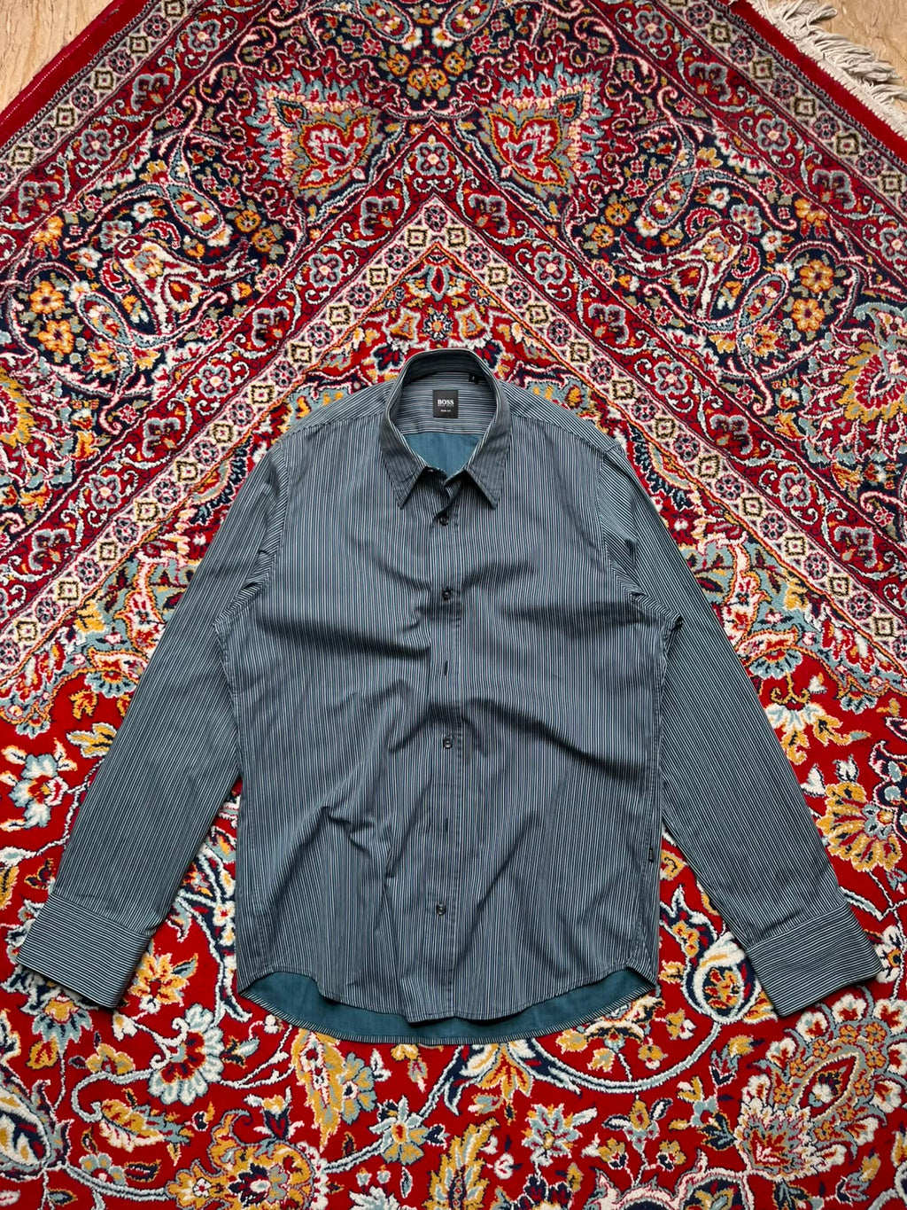HUGO BOSS Slim Fit Teal Blue Striped BUTTON DOWN SHIRT - L