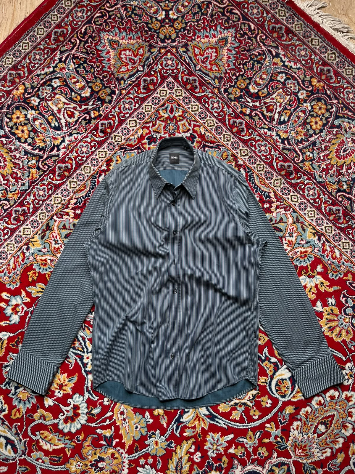 HUGO BOSS Slim Fit Teal Blue Striped BUTTON DOWN SHIRT - L