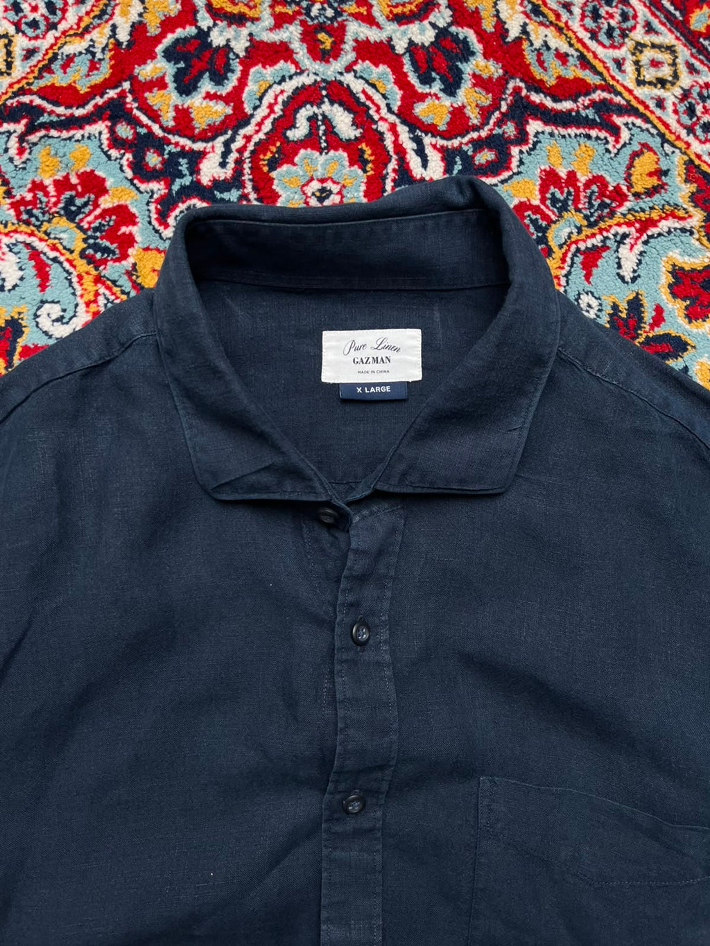 GAZMAN Pure Linen Navy Blue Button Down Shirt - XL