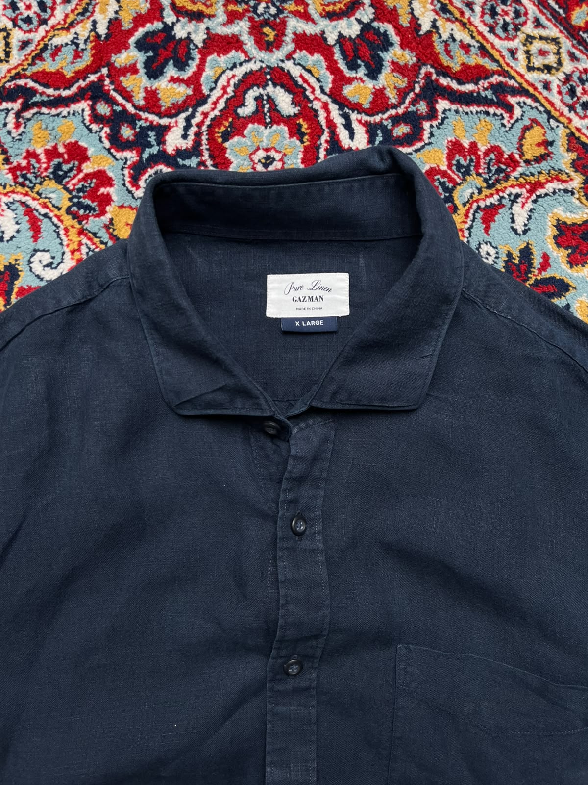 GAZMAN Pure Linen Navy Blue Button Down Shirt - XL