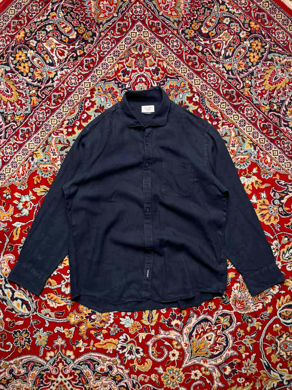GAZMAN Pure Linen Navy Blue Button Down Shirt - XL