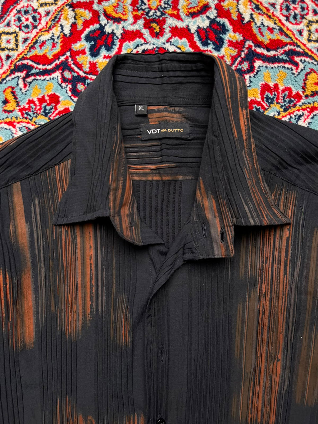 VDT Via Dutto Abstract Brushstroke Pleated Textured Button Down Shirt - M