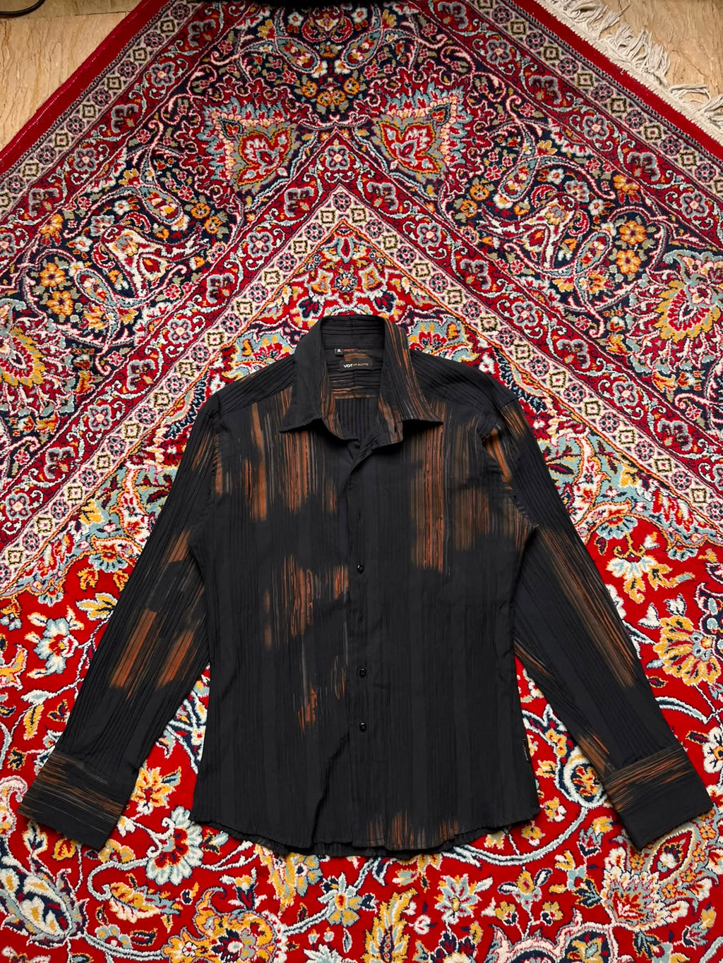 VDT Via Dutto Abstract Brushstroke Pleated Textured Button Down Shirt - M