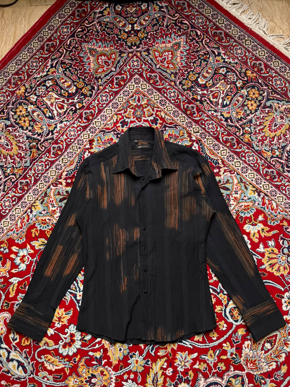 VDT Via Dutto Abstract Brushstroke Pleated Textured Button Down Shirt - M