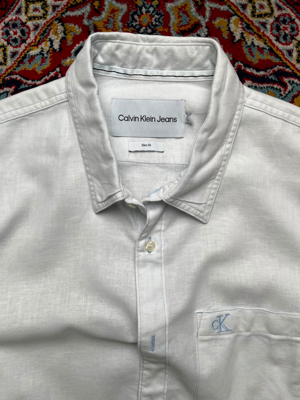 Calvin Klein Jeans White Slim Fit Cotton Linen Blend Button Down Shirt - XL