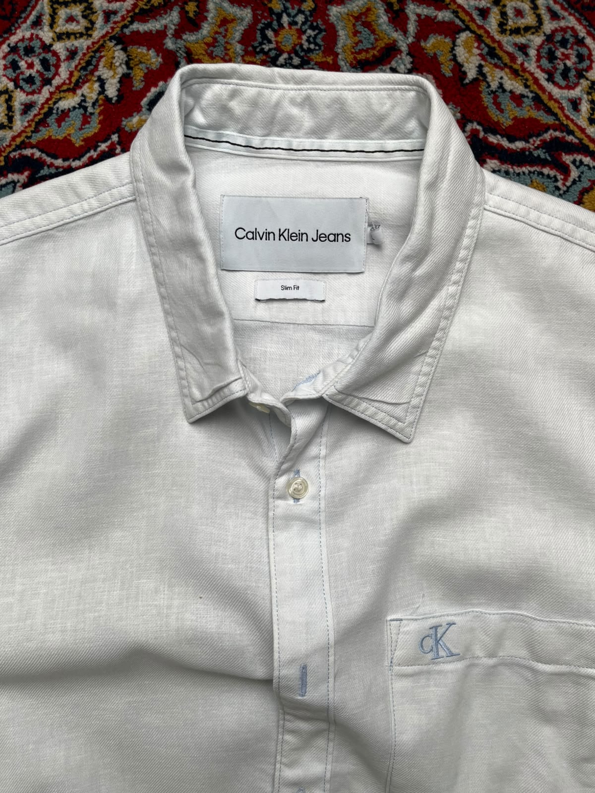 Calvin Klein Jeans White Slim Fit Cotton Linen Blend Button Down Shirt - XL