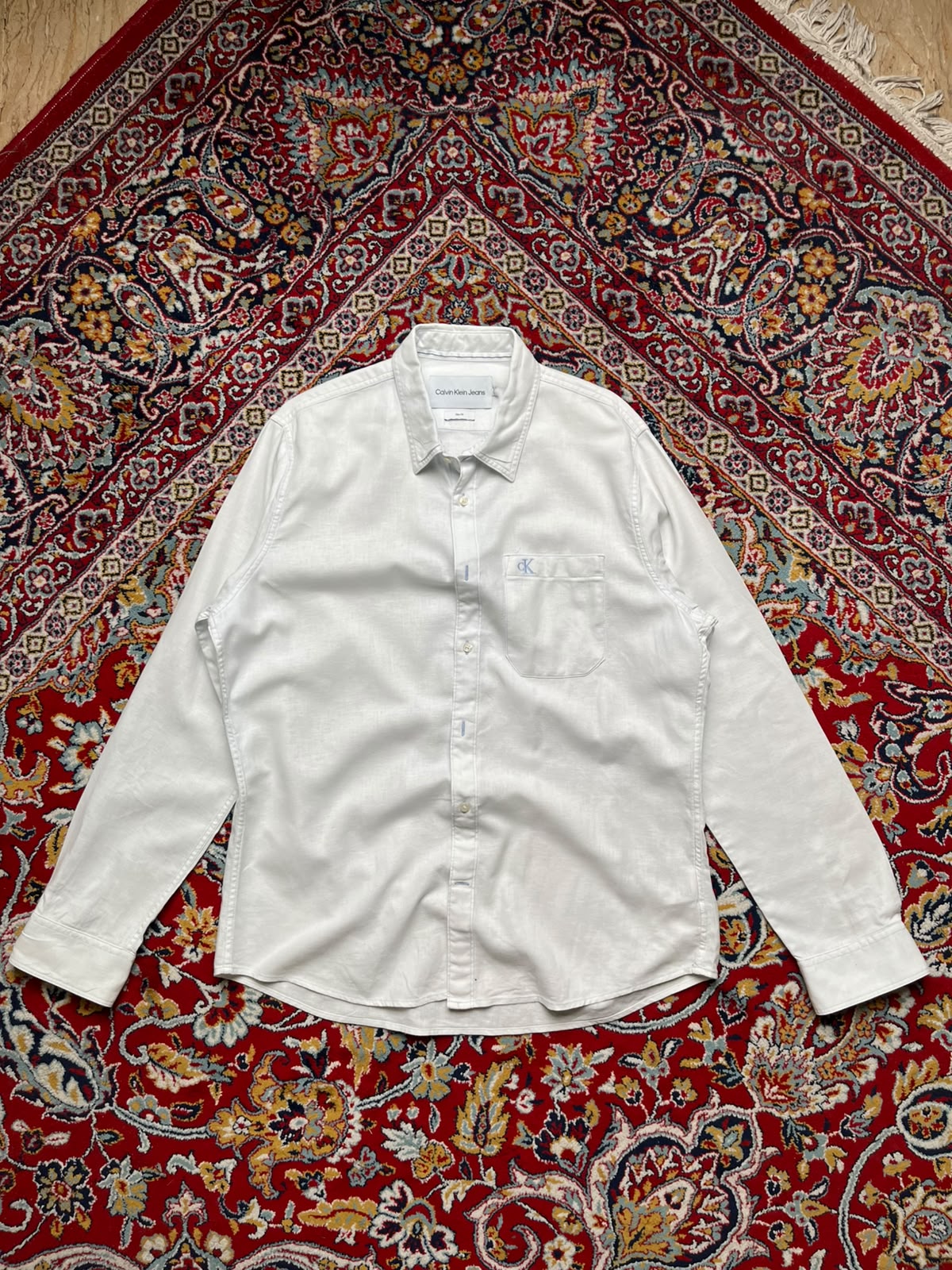 Calvin Klein Jeans White Slim Fit Cotton Linen Blend Button Down Shirt - XL