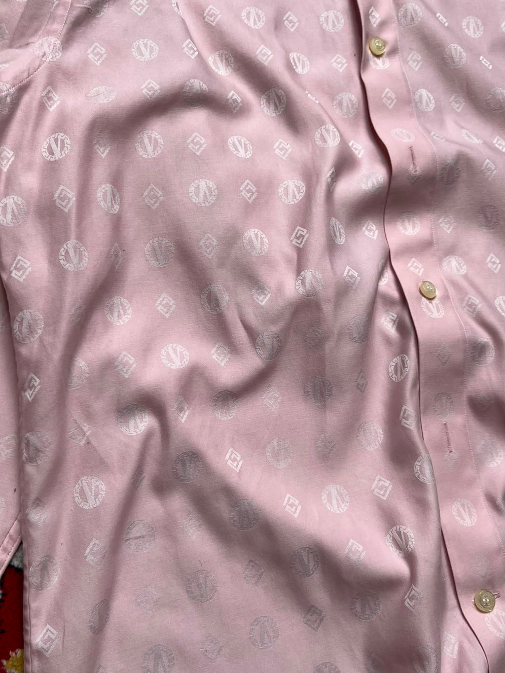 Versace Collection Pink All Over Monogram Pattern Silk Button Down Shirt - L