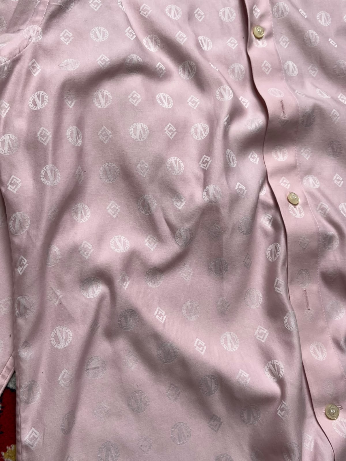 Versace Collection Pink All Over Monogram Pattern Silk Button Down Shirt - L