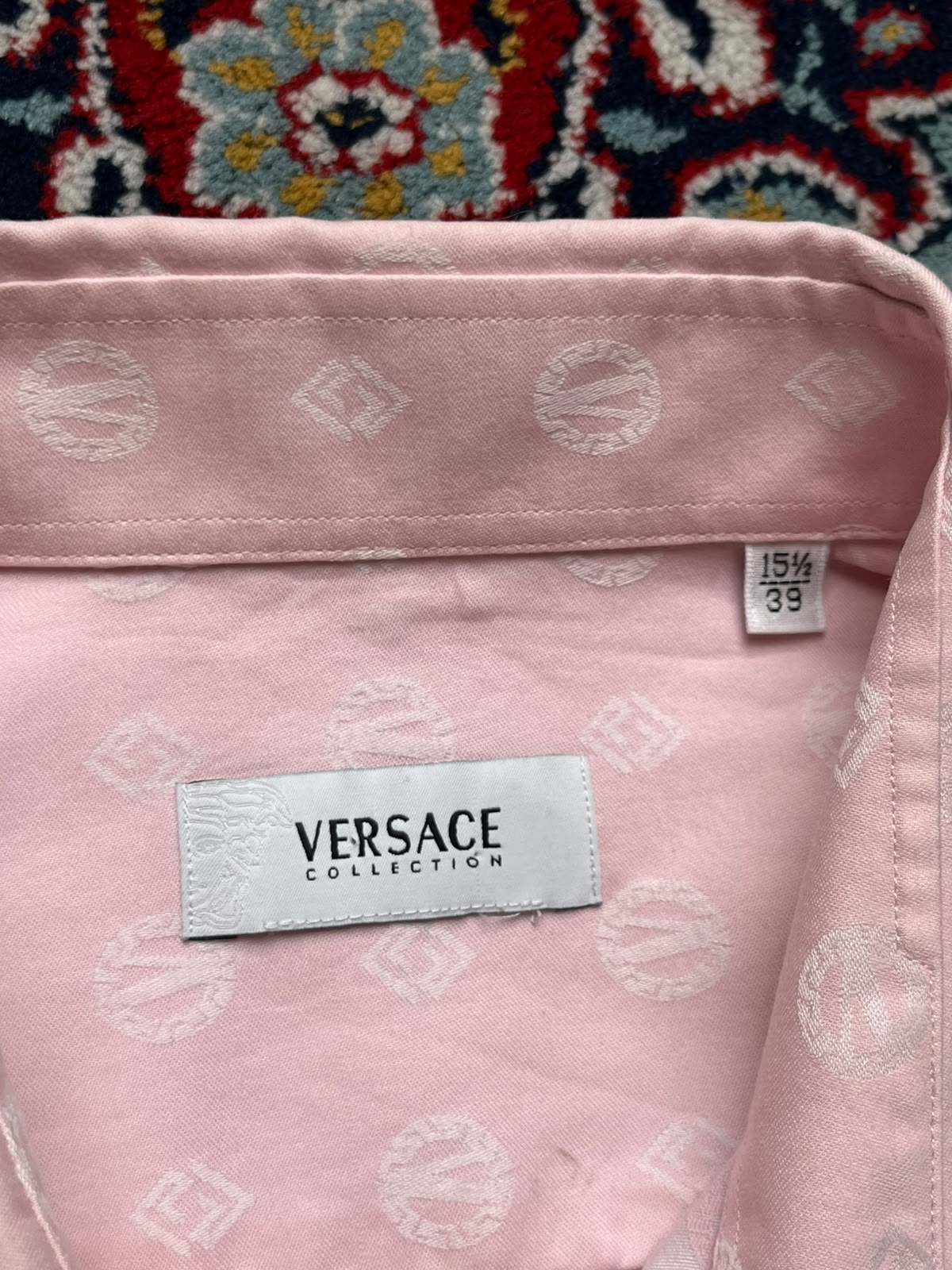 Versace Collection Pink All Over Monogram Pattern Silk Button Down Shirt - L