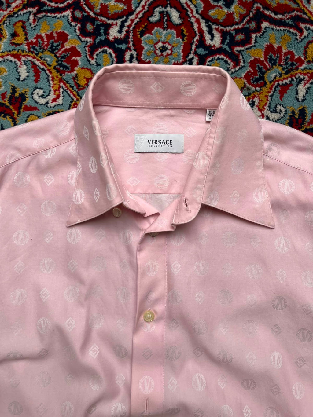 Versace Collection Pink All Over Monogram Pattern Silk Button Down Shirt - L