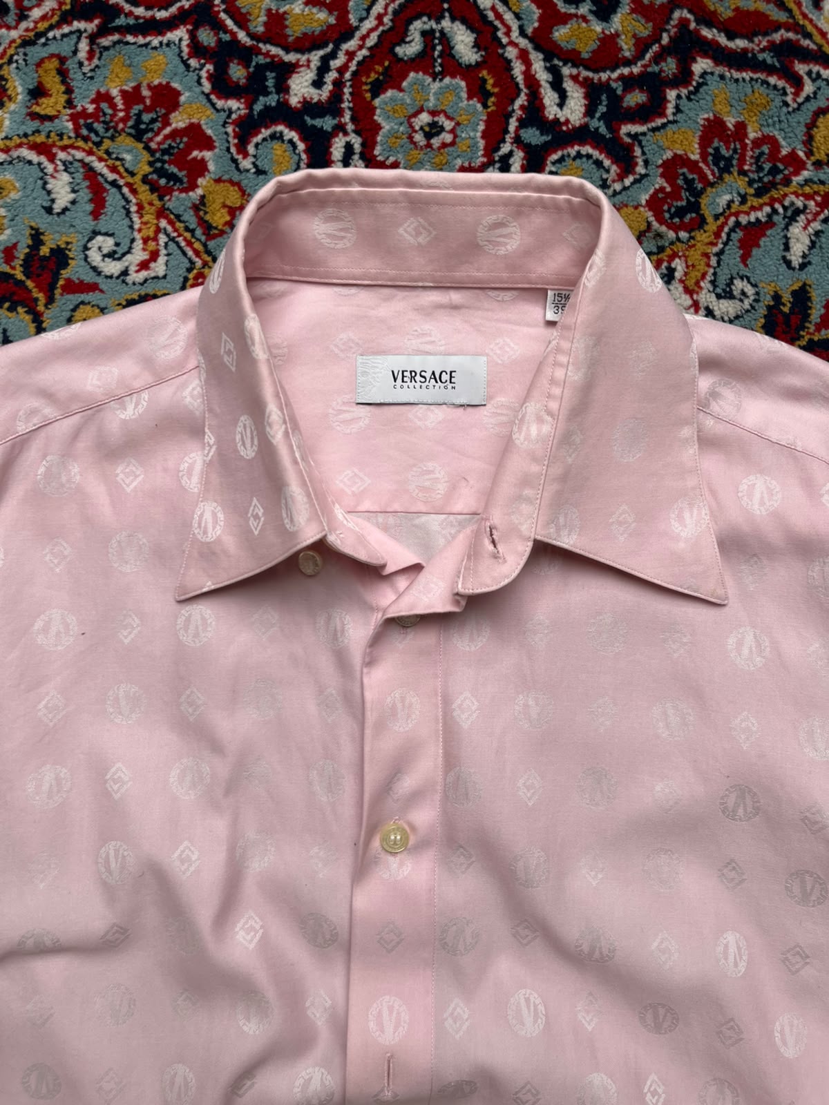 Versace Collection Pink All Over Monogram Pattern Silk Button Down Shirt - L