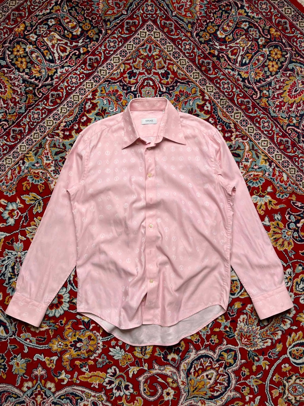 Versace Collection Pink All Over Monogram Pattern Silk Button Down Shirt - L