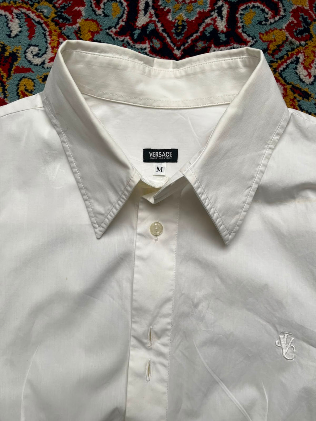Versace Slim Fit White Jacquard Monogram Pattern Button Down Shirt - M