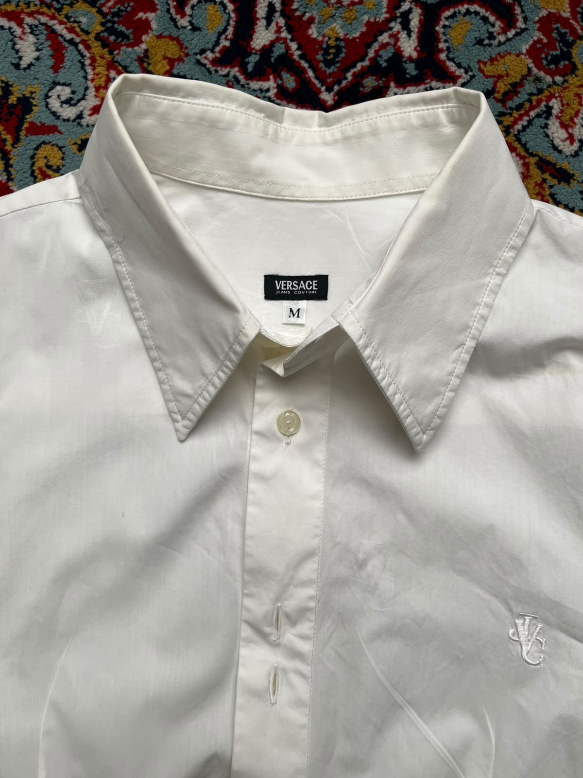 Versace Slim Fit White Jacquard Monogram Pattern Button Down Shirt - M