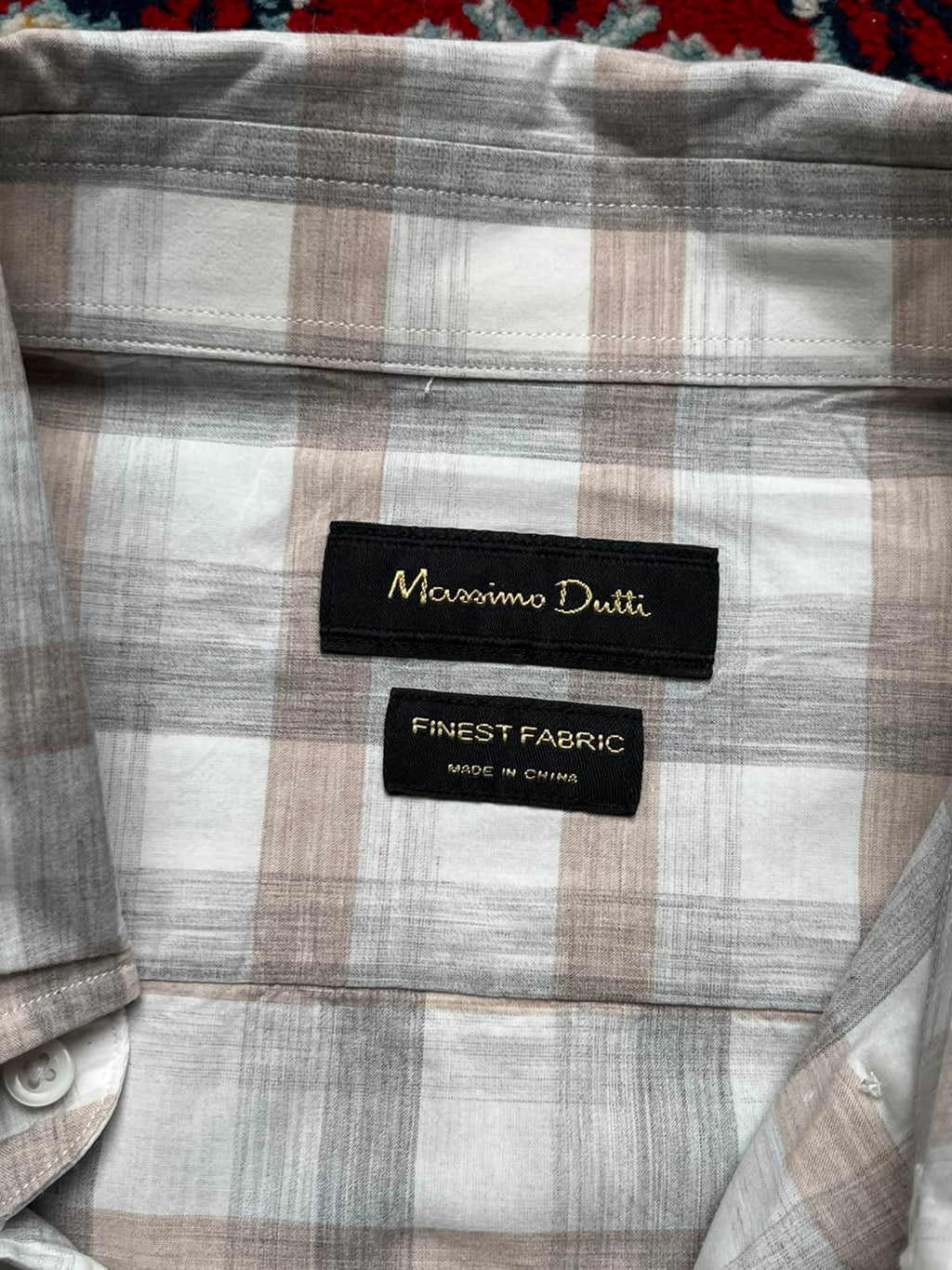 MASSIMO DUTTI FINEST FABRIC Beige Grey Plaid Casual BUTTON DOWN SHIRT - L