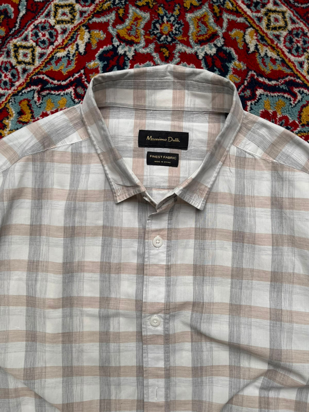 MASSIMO DUTTI FINEST FABRIC Beige Grey Plaid Casual BUTTON DOWN SHIRT - L