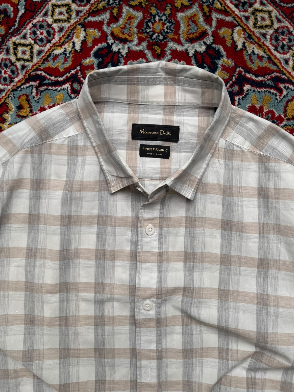 MASSIMO DUTTI FINEST FABRIC Beige Grey Plaid Casual BUTTON DOWN SHIRT - L