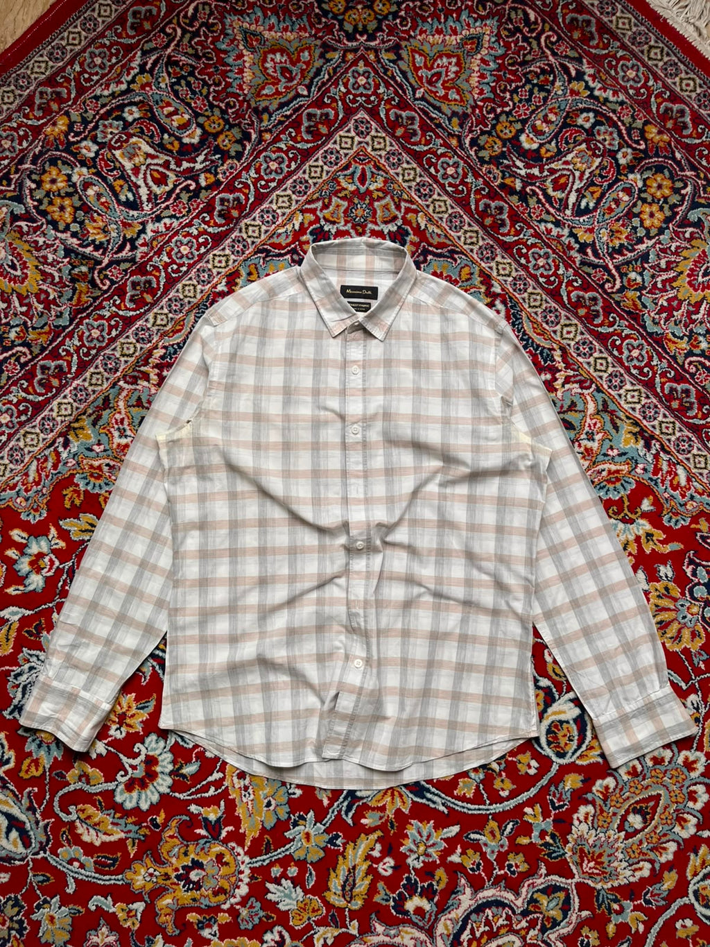 MASSIMO DUTTI FINEST FABRIC Beige Grey Plaid Casual BUTTON DOWN SHIRT - L
