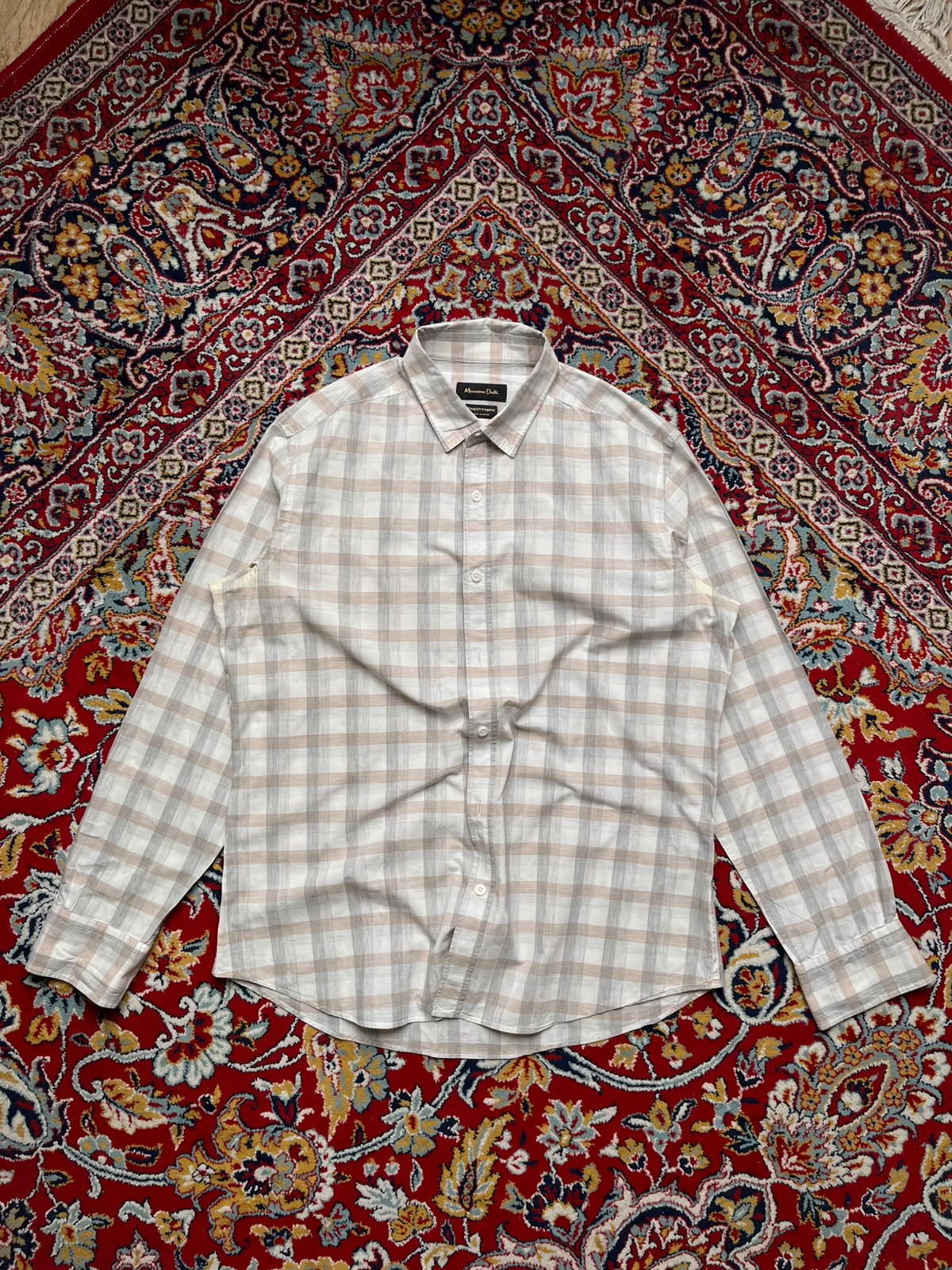 MASSIMO DUTTI FINEST FABRIC Beige Grey Plaid Casual BUTTON DOWN SHIRT - L